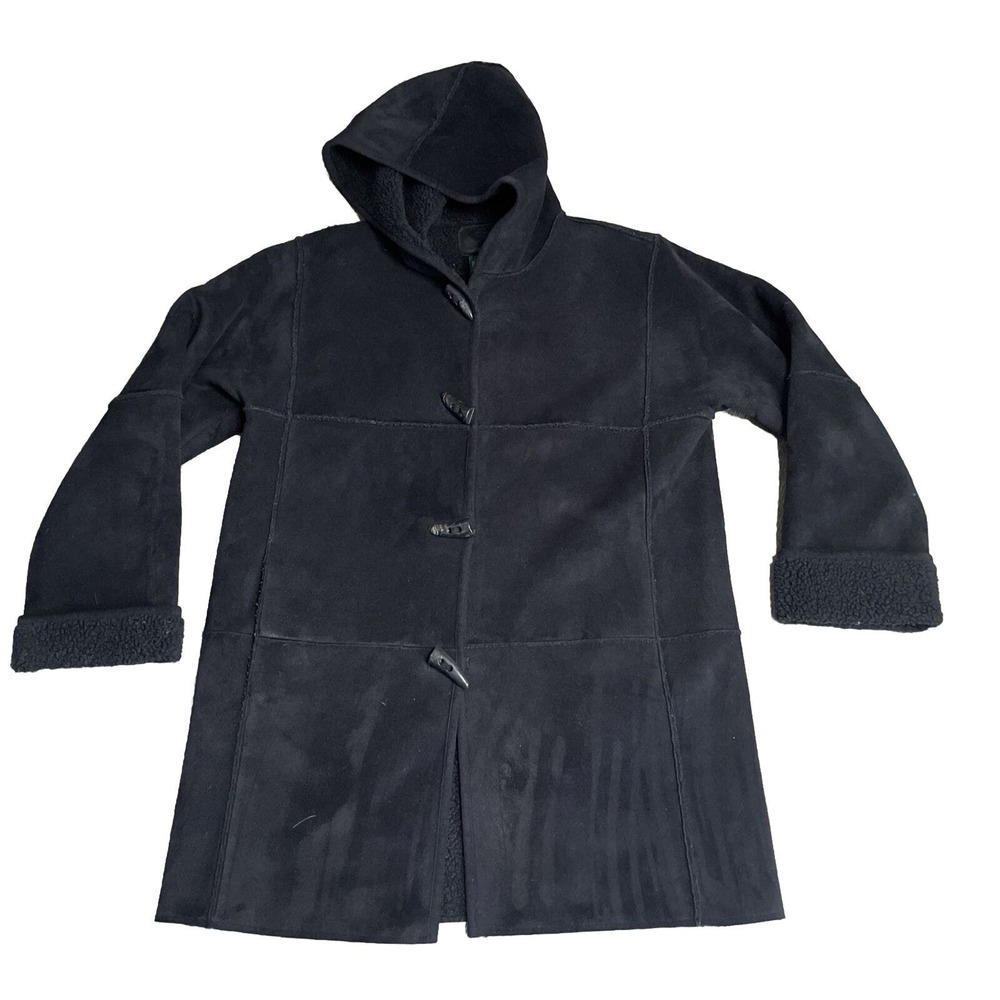Lauren Ralph Lauren Faux Suede Sherpa Lined Toggle Coat Womens Small Black